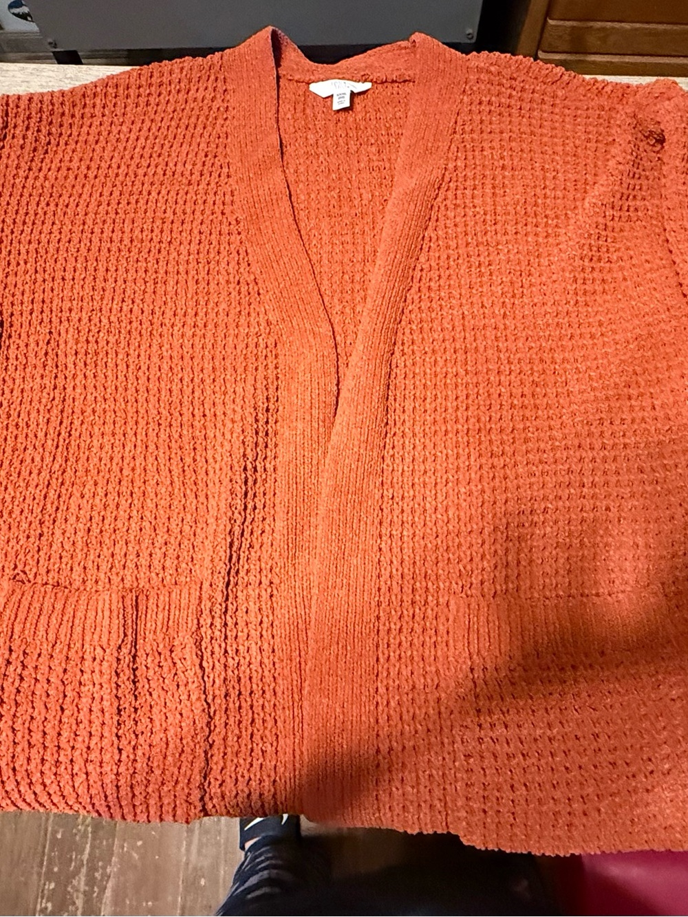 Time and Tru Open-Front Waffle-Knit Cardigan in Rust